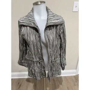 Lark Lane Silver Nylon Polyester Crinkle Zip Jacket 3/4 Tab sleeve Size 8
